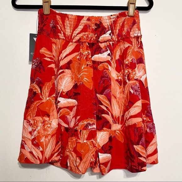 Guess Red Orange Floral Rona Smocked Skirt - Picture 4 of 7